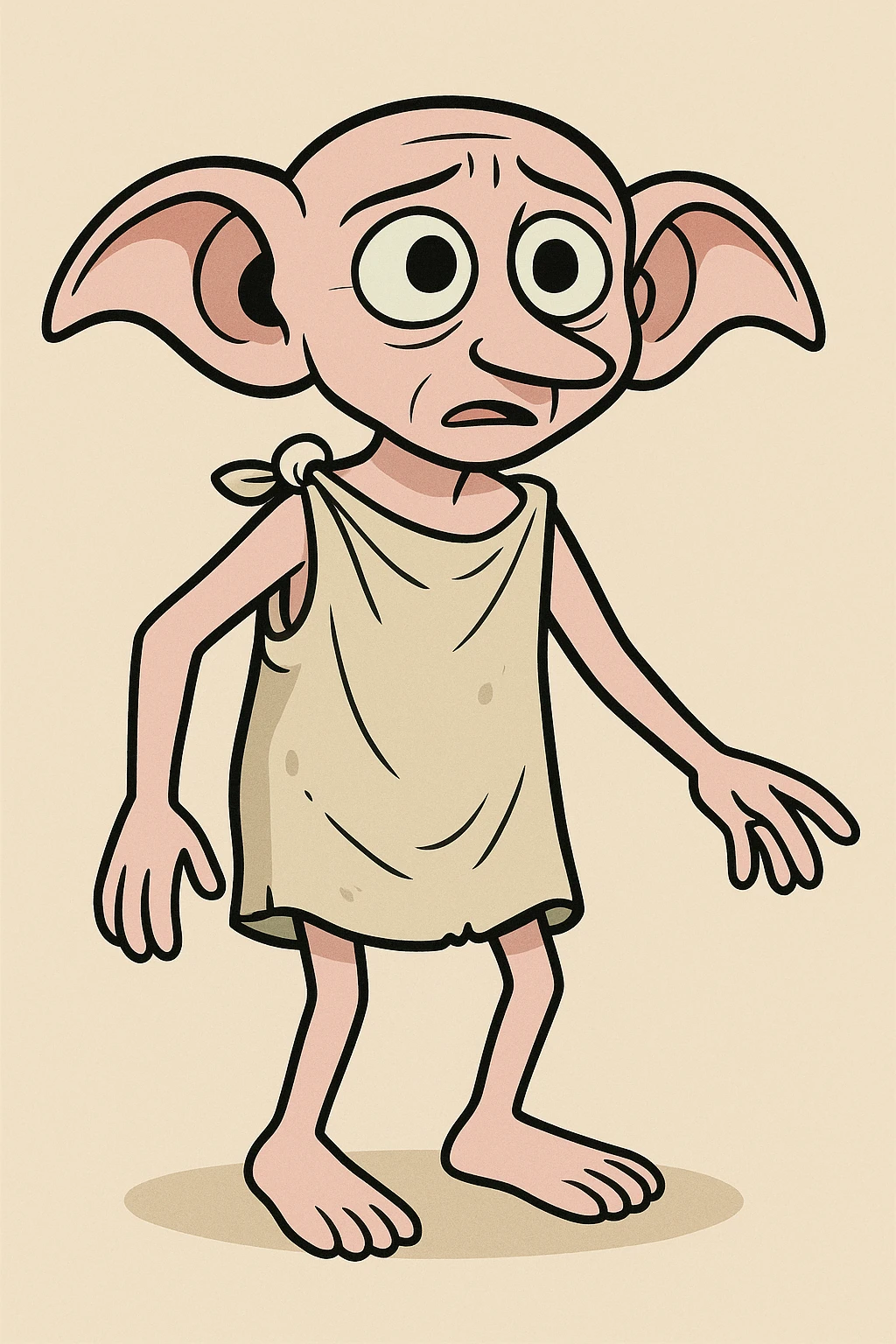 full body illustration of Dobby the house elf in cute, cartoon, simplified style with bold black lines and soft colors, small with large ears, expressive eyes, wearing old pillowcase emoji