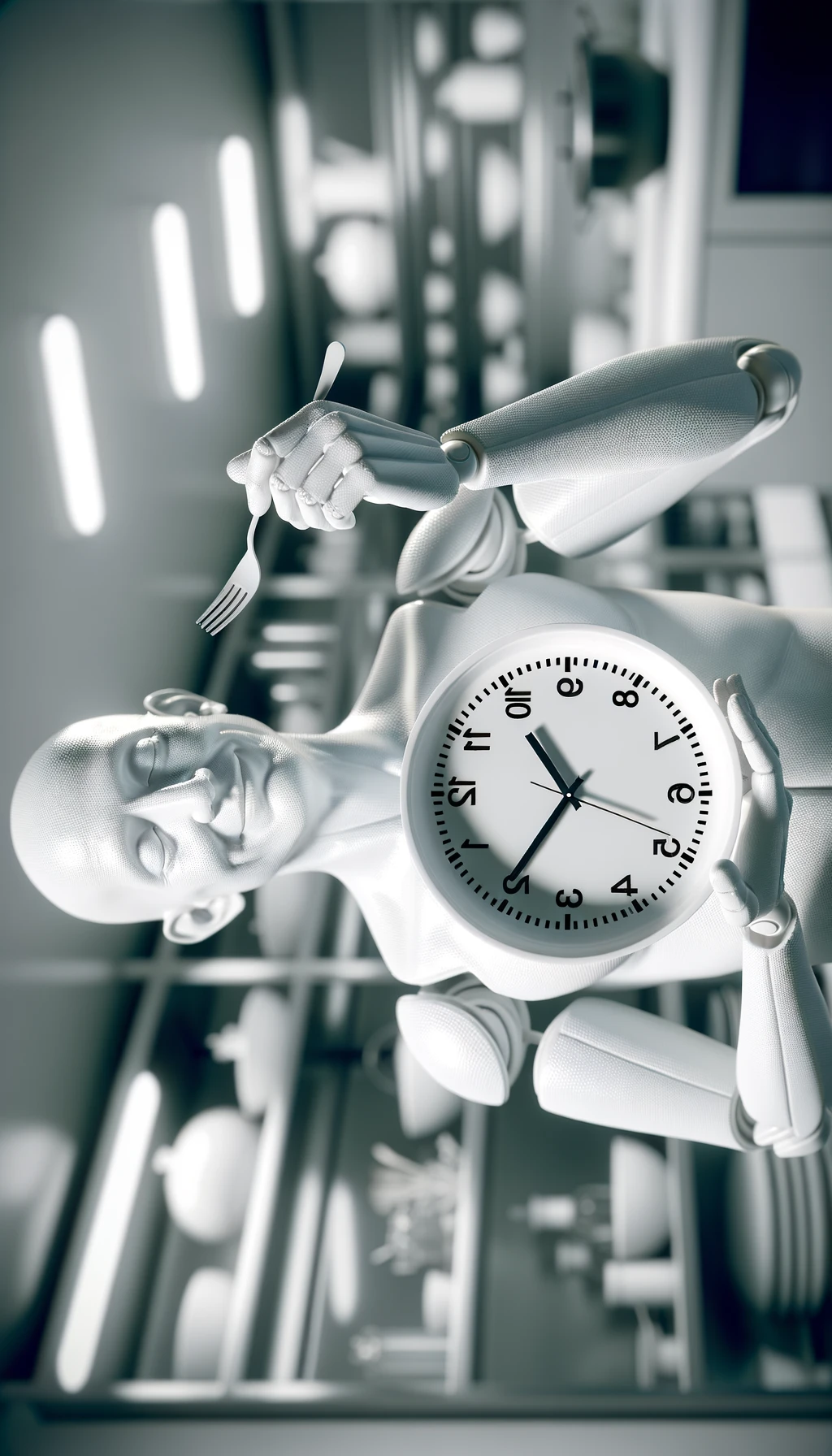 corpo umano anatomico, che tiene in mano un piatto bianco con la lancette di un orologio sopra, figura visibile fino ai fianchi, espressione del volto soddisfatta, sullo sfondo la sua cucina sfocata, iperrealistico 4k emoji