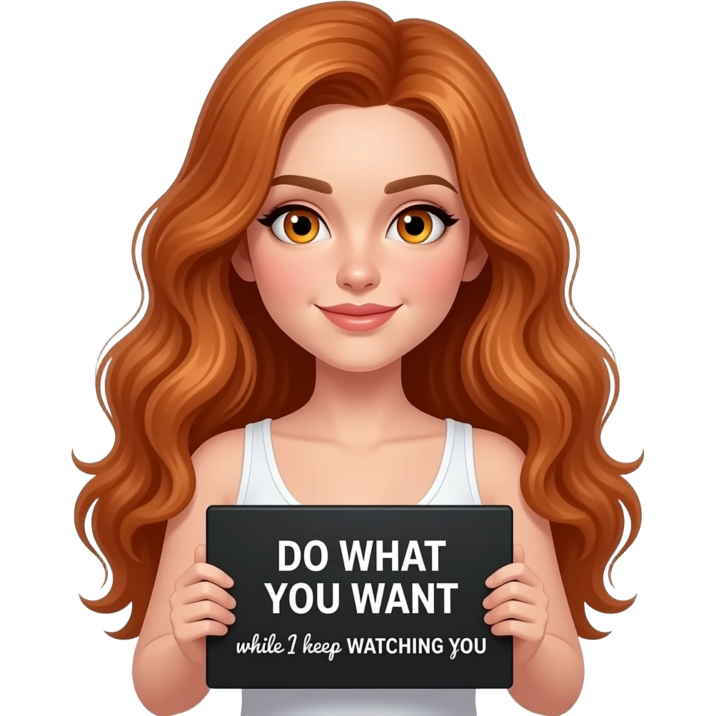 sexy girl with long wavy ginger hair and ginger eyes wearing a white tanktop is holding a black colored sign with DO WHAT YOU WANT while I keep WATCHING YOU written on it emoji