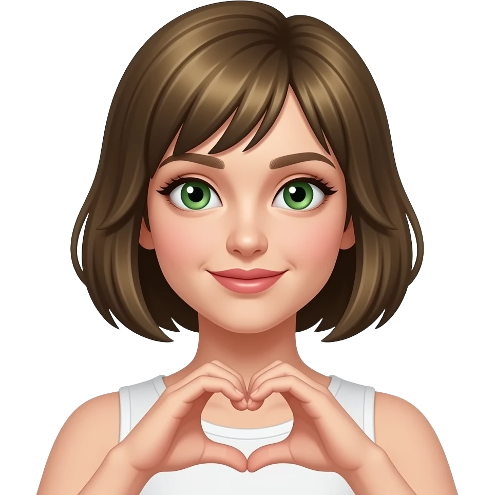 Diva with short dark blonde hair. Green eyes. Making heart symbol with her hands emoji
