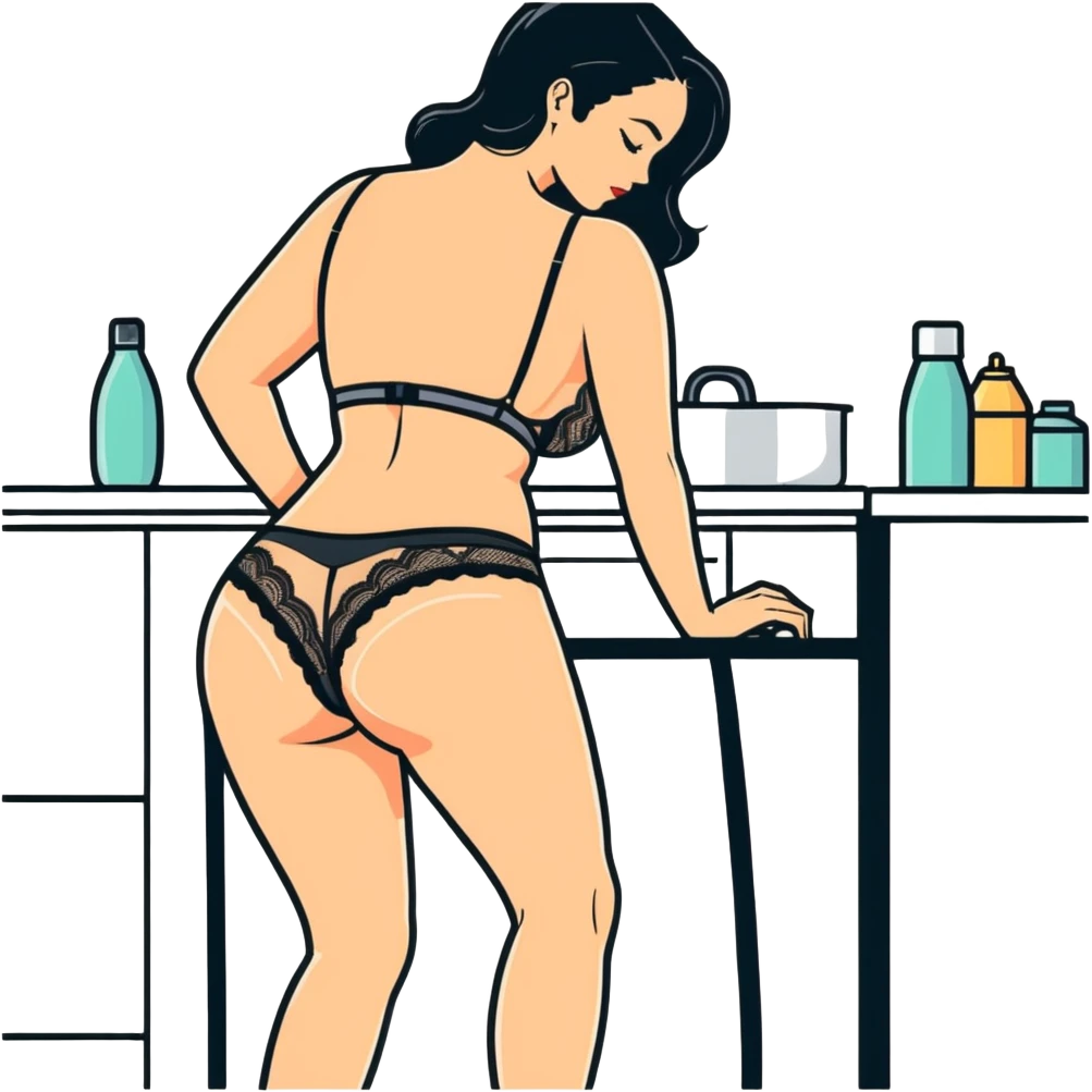 A busty woman bent over the counter wearing black lingiere  emoji