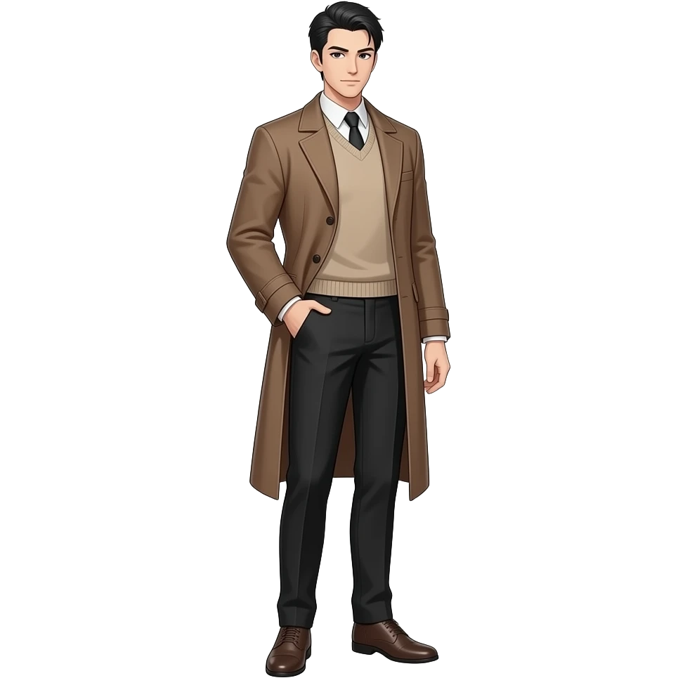 Anime male detective brown dress coat and black dress pants and beige dress sweater slick back black hair very tall full body emoji