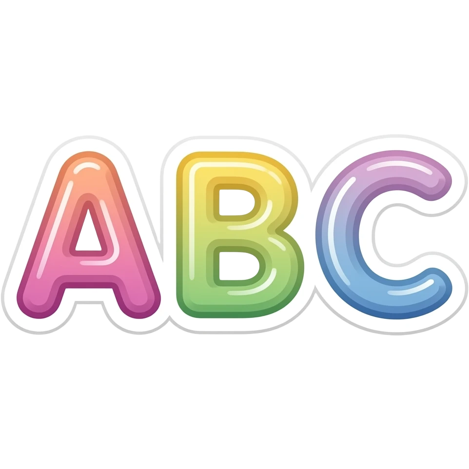 cute colourful letters ABC sticker, elegant thin strokes, pastel tones, clean vector design, no background, modern aesthetic, 8k emoji
