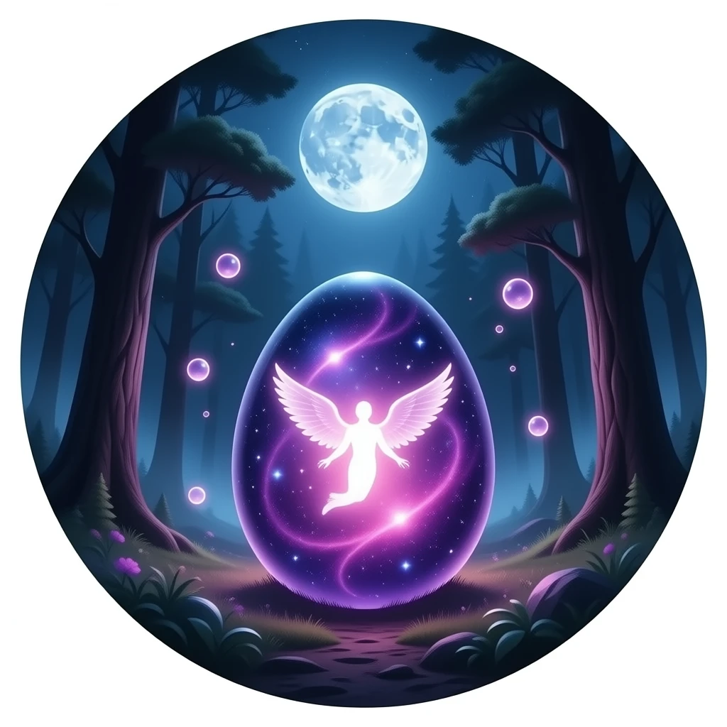 glowing cosmic egg in dark misty forest, filled with purple‑pink nebula and winged light‑spirit, surrounded by floating luminous orbs, full moon above, mystical fantasy atmosphere emoji