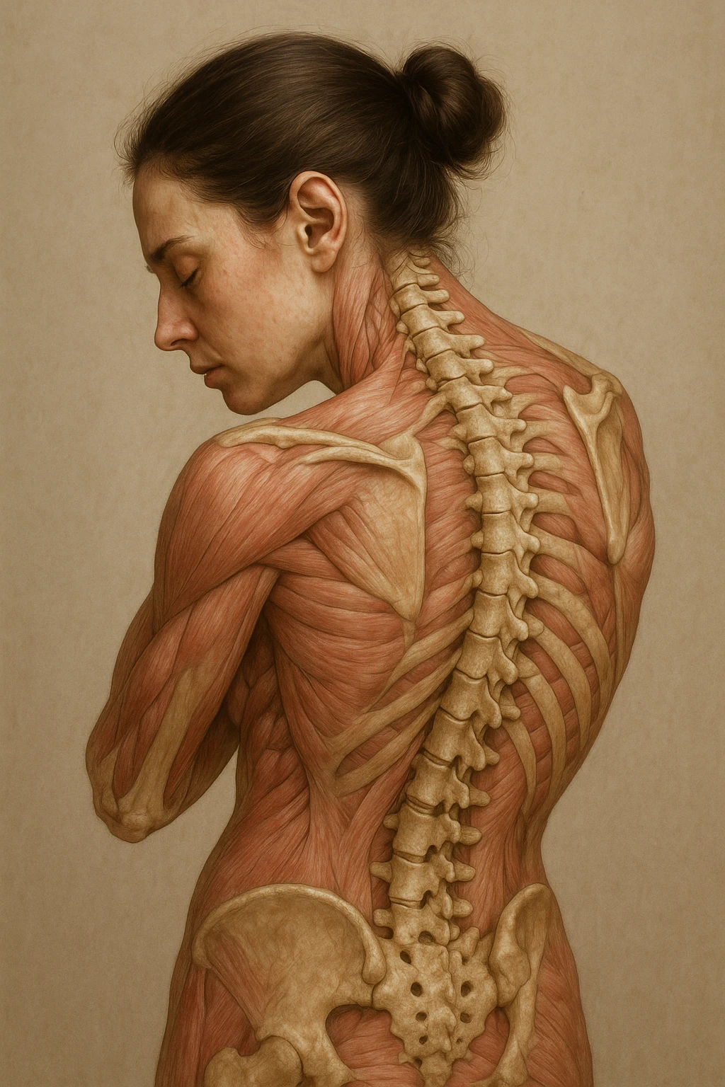 CORPO UMANO ANATOMICO di una donna di profilo con spalle chiuse e postura incurvata, spina dorsale in evidenza, IPERREALISTICO 4K emoji