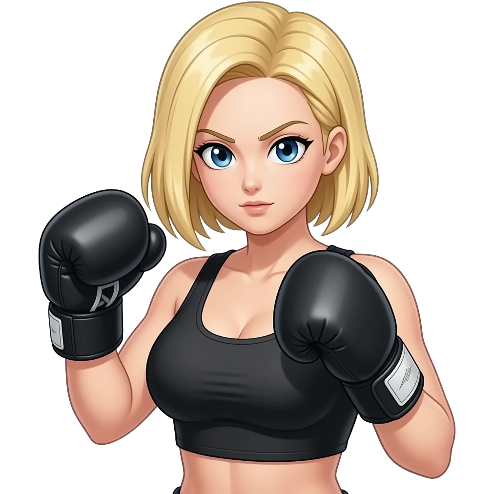 In Breast boxing, blonde shoulder length haired female, android 18, from dragon ball super, in the black boxing gloves emoji