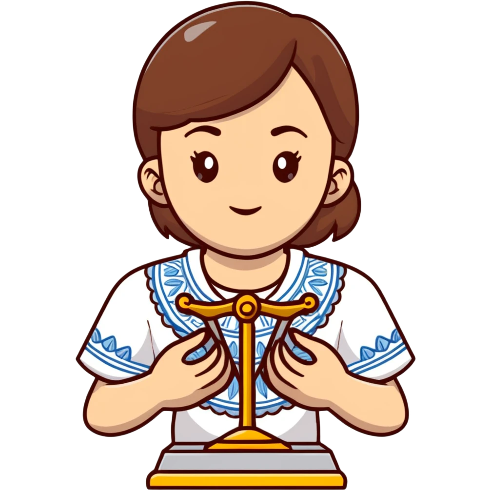 A Ukrainian girl with brown hair in an embroidered shirt holds the scales of truth in her hand emoji
