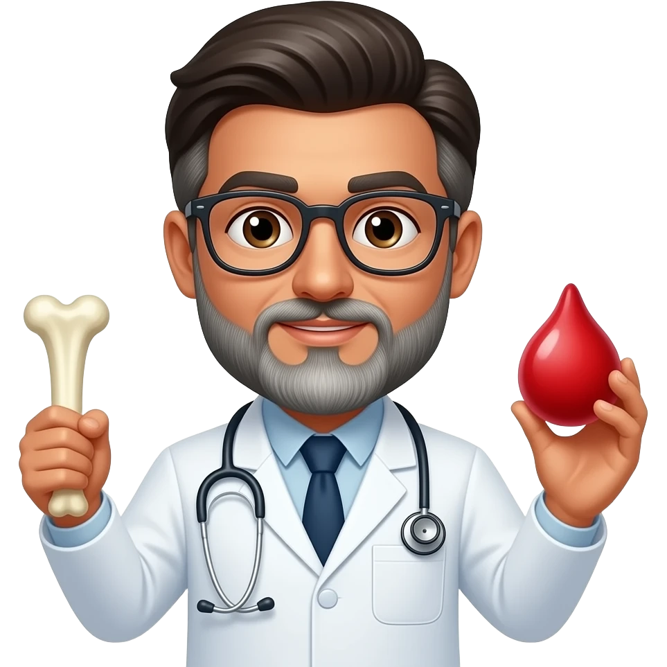 make a brown bearded doctor who is light brown but has a gray mixed with white beard and glasses who is holding a bone in one hand and a red blood cell in the other, but make sure he has some hair on top no bald; has to be emoji style and also make sure its a pakistani skin color guy emoji