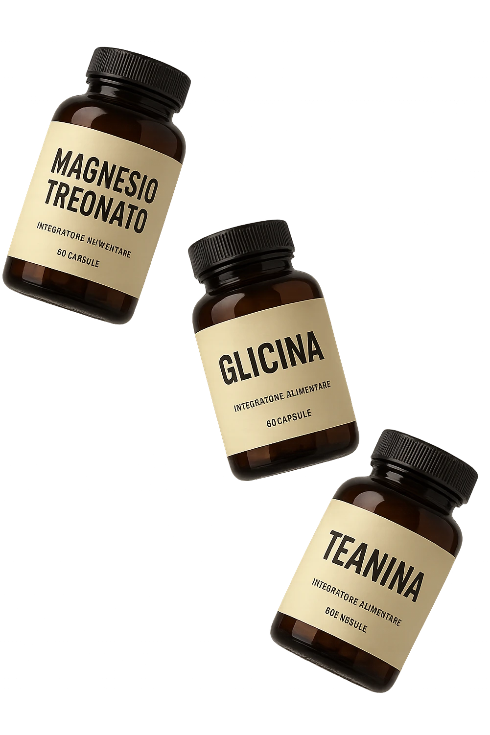 3 boccette di integratori: Magnesio Treonato, glicina, teanina in italiano, fluttuano in aria emoji