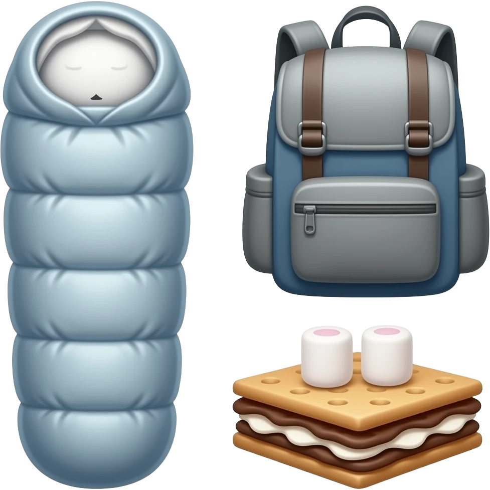 Sleeping bag, backpack, marshmallows, and s’mores emoji