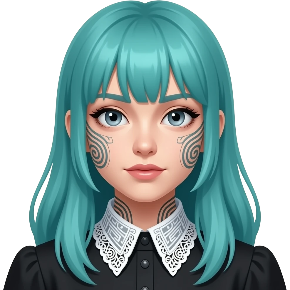 anime girl, resting face, face tattoos, long flowing teal hair, grey eyes, black shoulder cyberpunk blouse with fancy white collar emoji