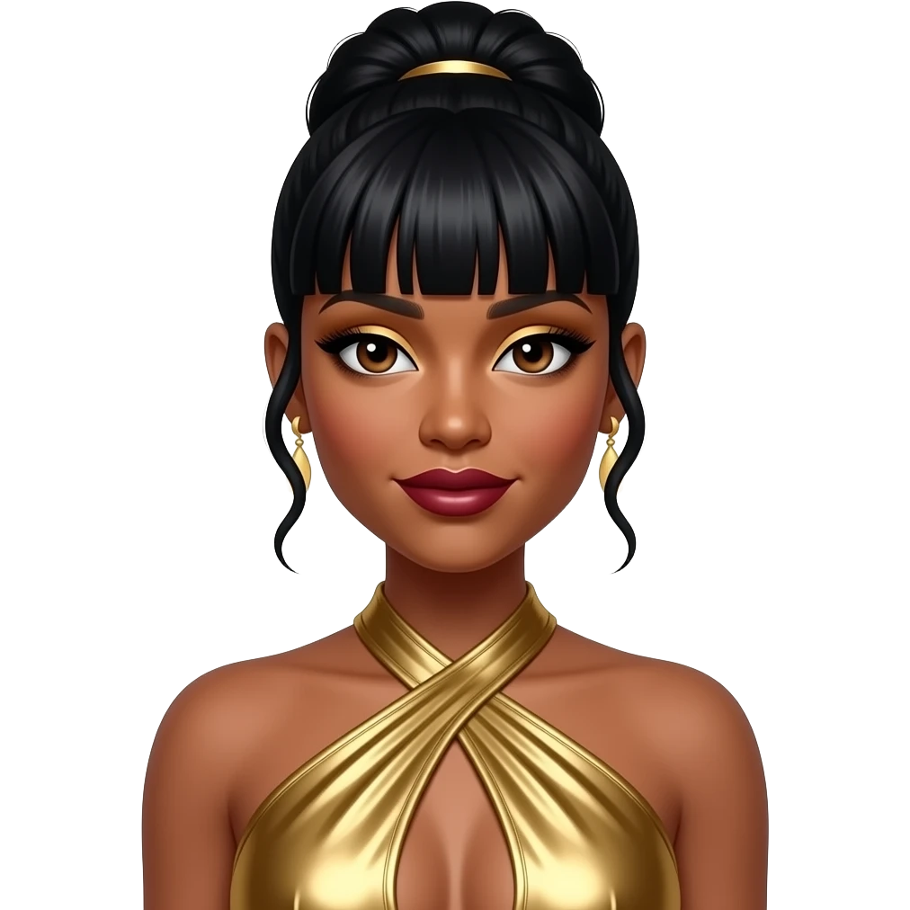 LeToya Luckett from Destiny's Child with dark brown eyes, long black updo bang hair, gold eyeshadow, dark red lipstick, gold metallic halter dress, earrings emoji