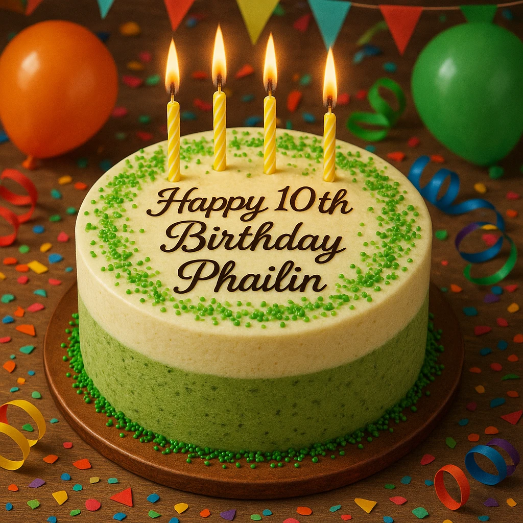 A round matcha white chocolate cake with green sprinkles, candles on top, party atmosphere, detailed and colorful, 'Happy 10th Birthday Phailin.' written in elegant script on the cake. emoji