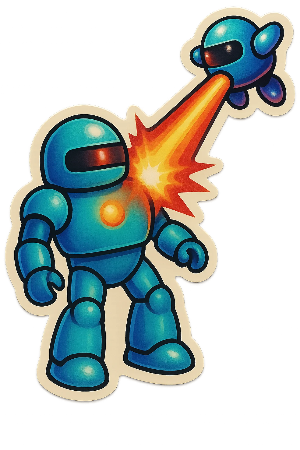new character...robot being hit with a red beam by a flying robot emoji