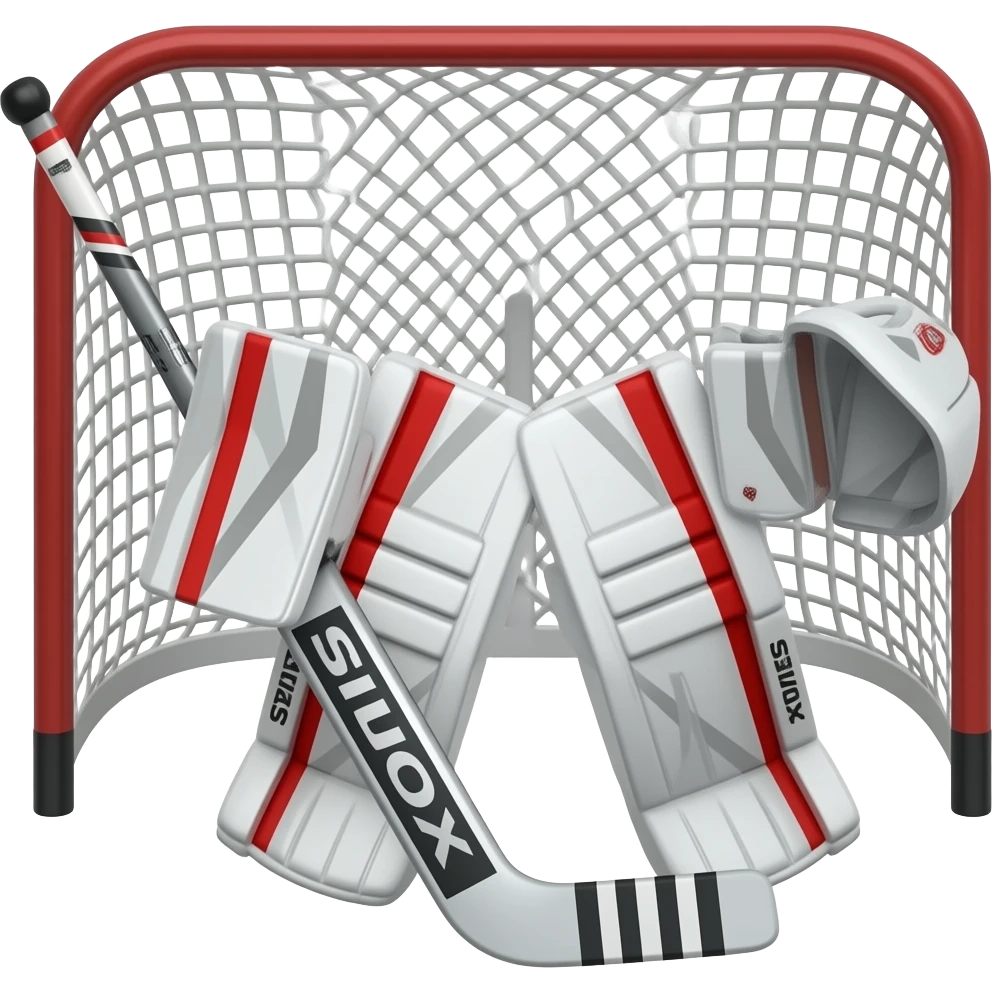 ice hockey goalie stick in front of a net with a blocker and glove no person emoji