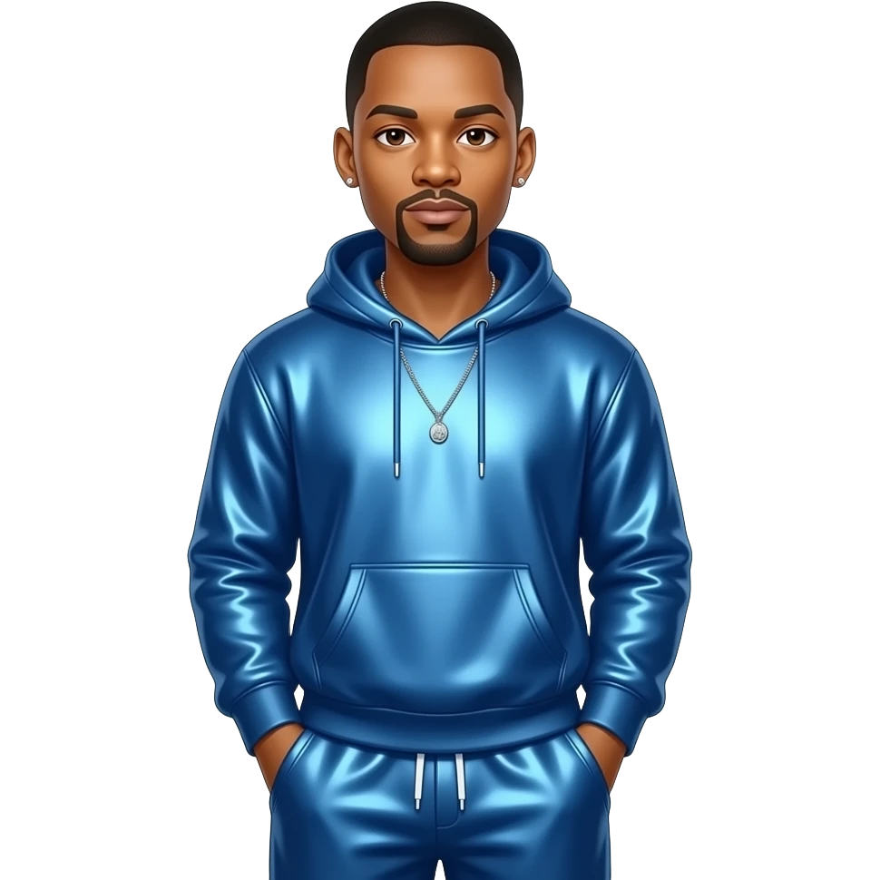 Will Smith with dark brown eyes, black hair, blue metallic sweatshirt, blue metallic baggy sweatpants, necklace and short earrings emoji