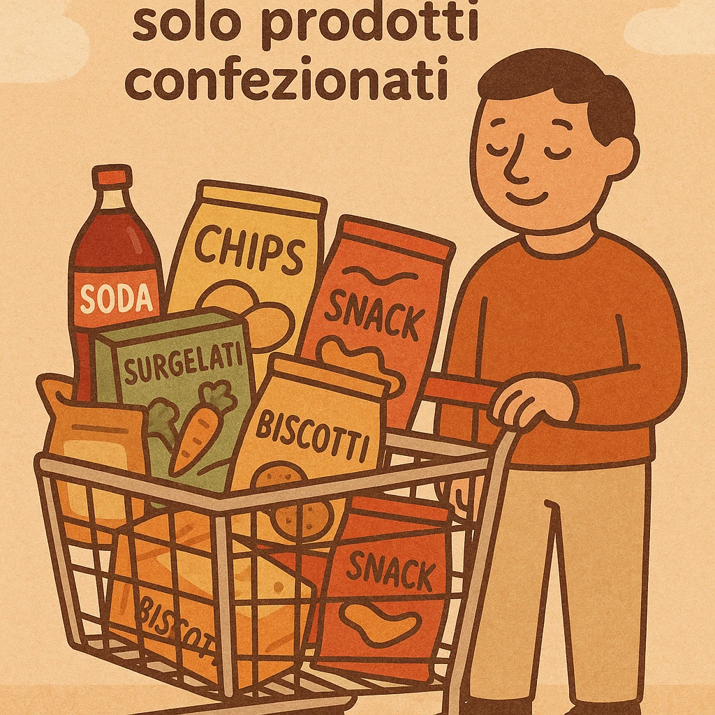 Carrello della spesa di un uomo pieno di cibi ultra-processati: merendine, bibite gassate, patatine, surgelati, testo in italiano: “Spesa settimanale: solo prodotti confezionati”. emoji