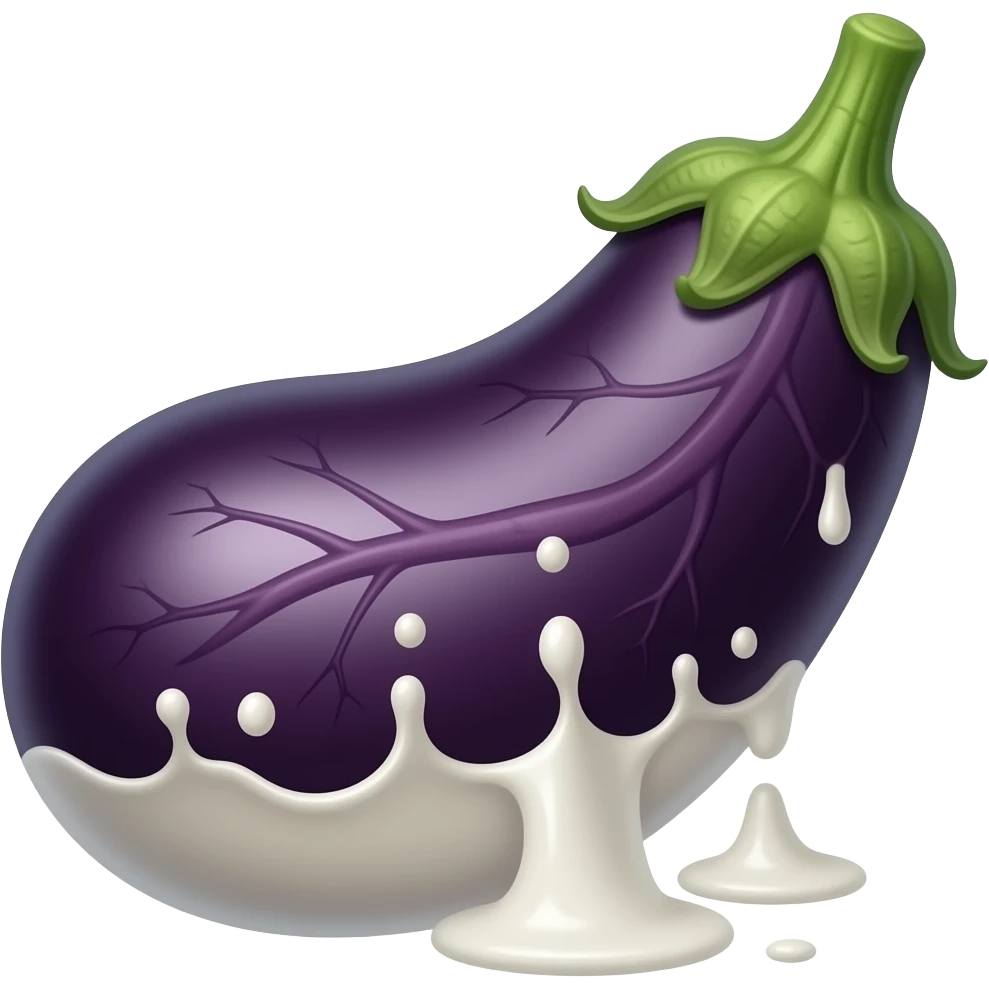 An Eggplant docking with an eggplant at the green tip, and make the eggplant veins need to look and route like real veins in a bulging arm with creamy milk under them emoji