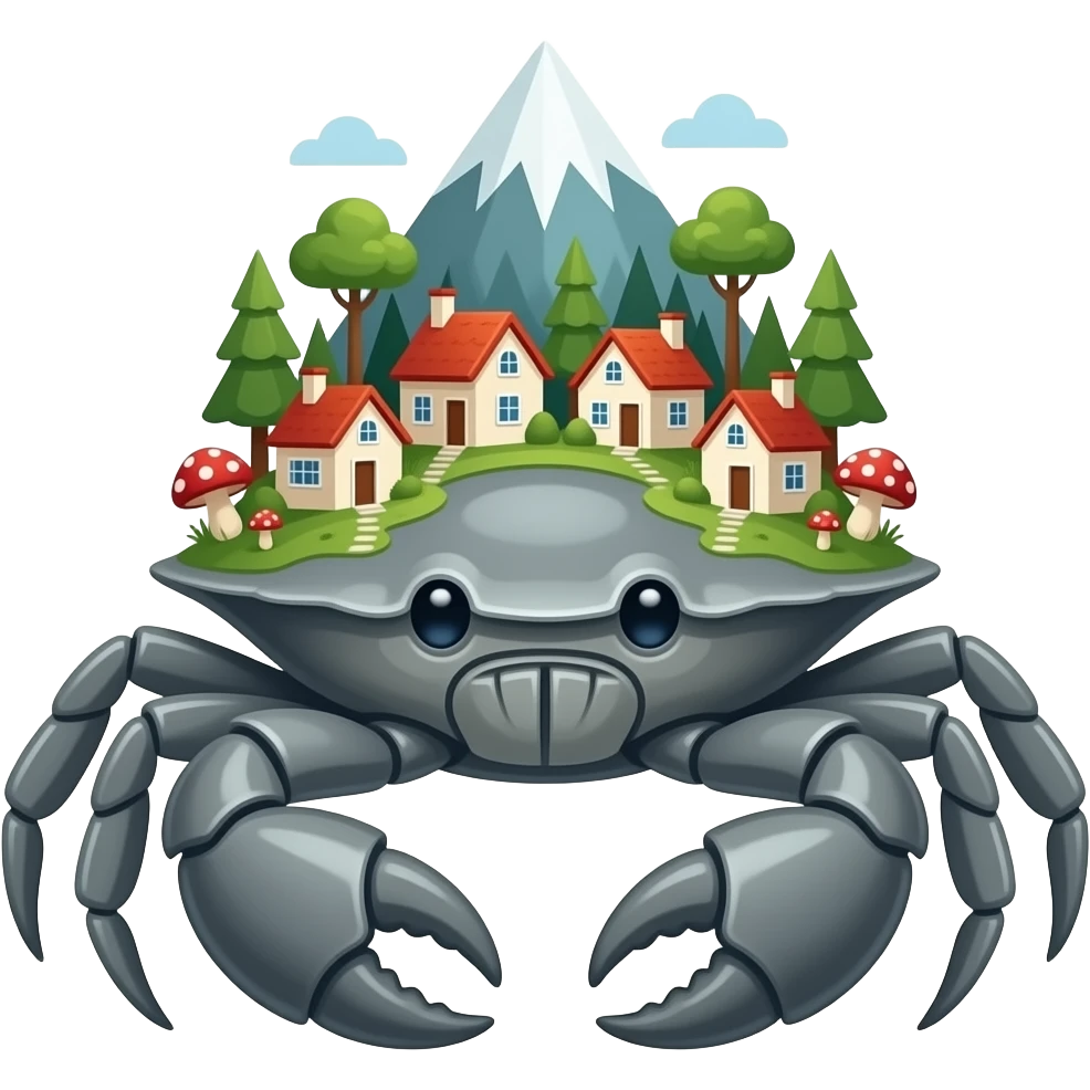 A Gray crab with houses on top of its  in trees on it and also with mushrooms on it  facing forward Giant by mountain emoji