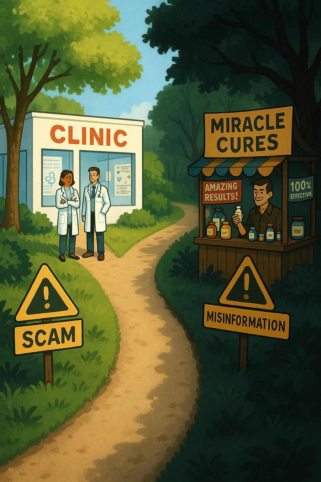 two paths diverge—one leads to a trustworthy clinic with doctors and scientific posters, the other to a shady stand selling “miracle” medicines with exaggerated claims. Signs along the second path warn of scams and misinformation. The scene encourages viewers to choose reliable, science-based healthcare. emoji