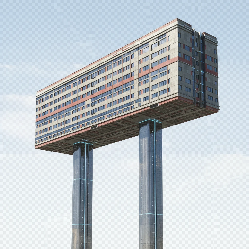 Удлиненная панелька-небоскреб, если бы ее строили в позднем СССР в 2025 году. Стоит на двух высоких небоскребах, которые как опоры держат ее на себе.

Фотореализм. Абсолютно прозрачный фон emoji