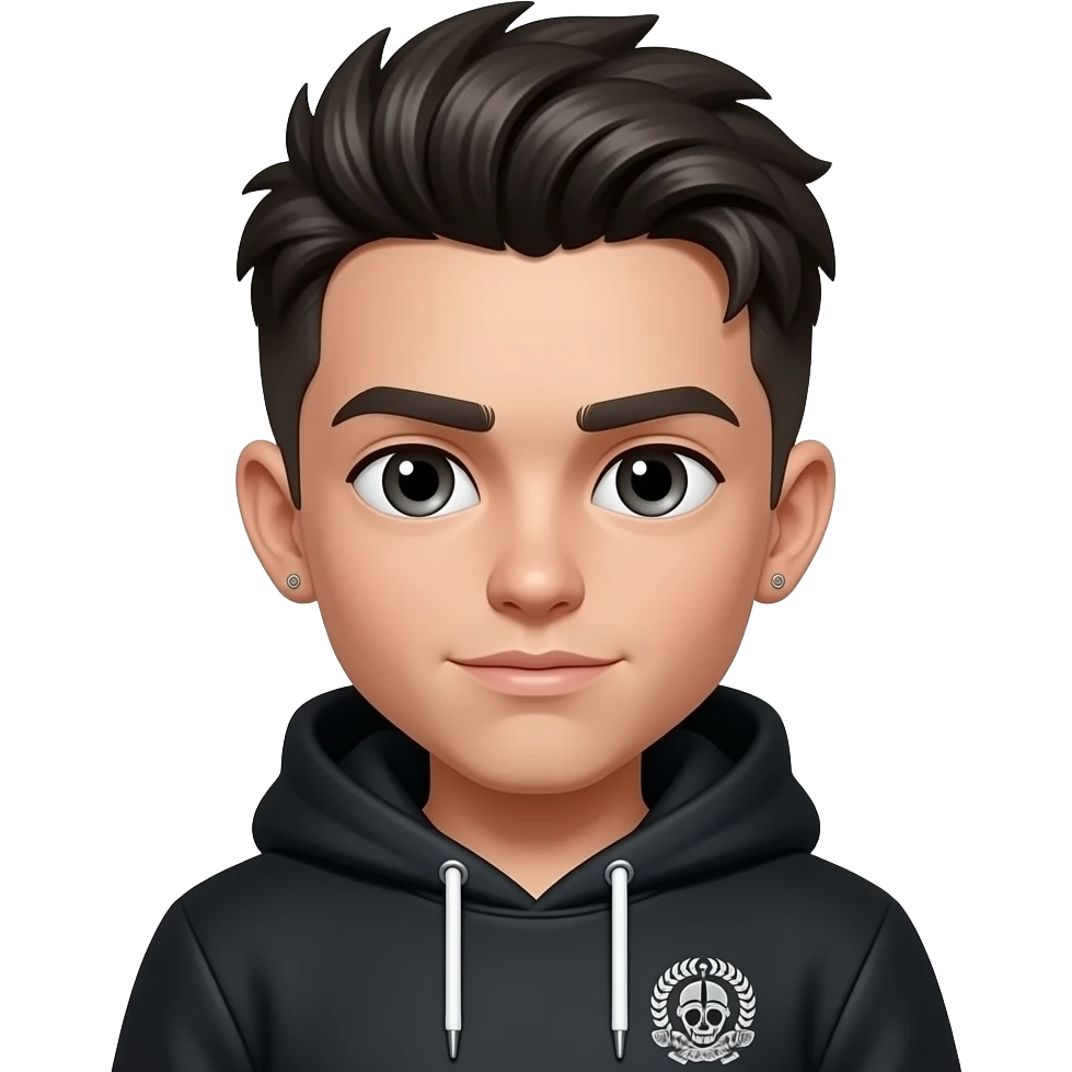 Boy with a modern mullet, a eyebrow on the right piercing ears pierced and chrome hearts hoodie emoji