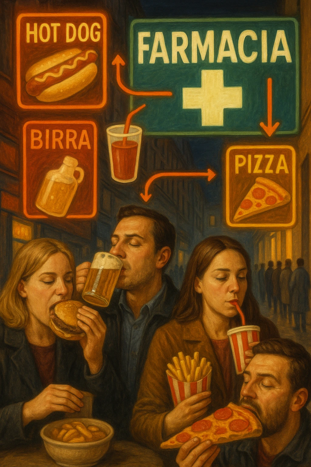 Realistic, vertical scene: a city street filled with bright, enticing advertisements for junk food and alcohol. In the foreground, people indulge in unhealthy foods and drinks, while in the background, a large pharmacy sign glows, and a line of people waits to buy medicine. Subtle arrows or visual cues connect the unhealthy choices to the need for medication, highlighting the cycle. in italiano emoji