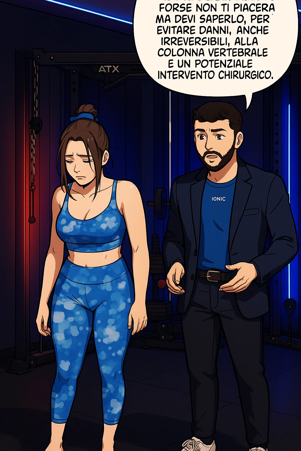 fai questa immagine in versione fumetto/manga/webtoon a colori, il manga mostra l'uomo che risponde alla donne:
Succede spesso purtroppo. 
Forse non ti piacerà ma devi saperlo, per evitare danni, anche irreversibili, alla colonna vertebrale e un potenziale intervento chirurgico. emoji