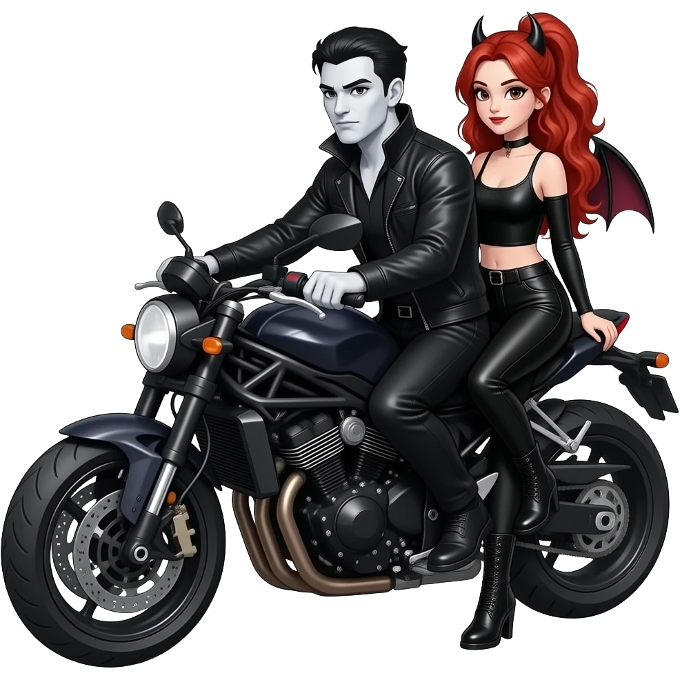 Vampiro maschio con la pelle bianca che và in moto insieme alla sua ragazza Vampiro femmina ADOLESCENTE con pelle bianca e capelli rosso ondulati lunghi raccolti in una mezza coda che indossa dei pantaloni di pelle neri un top con maniche lunghe nero e degli stivali lunghi neri emoji