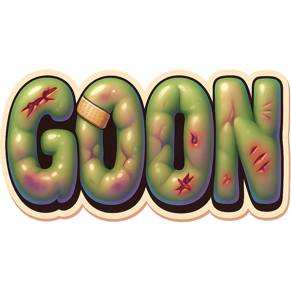The word GOON with amorphous, glossy, blobby muscle shapes under the skin, featuring different styles of bandages, various bruises, and new cartoonish wounds. Retro sticker style, no background. emoji