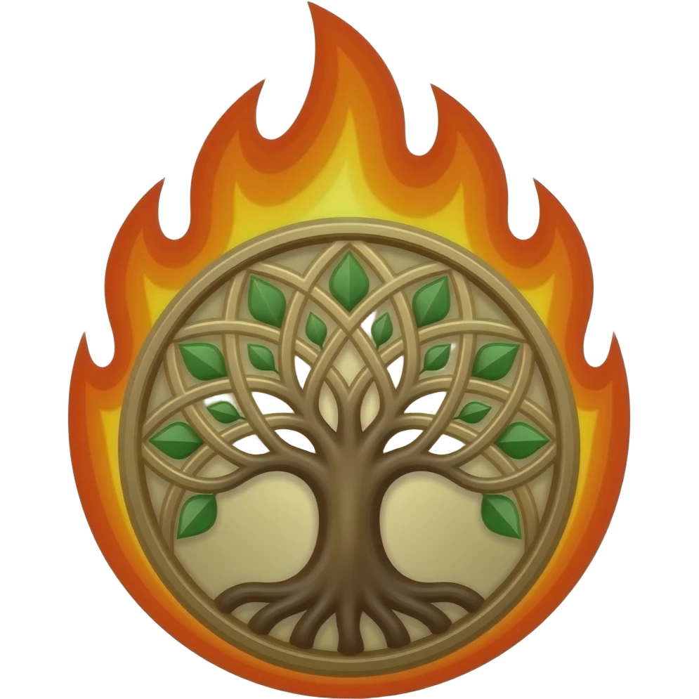 artistic Tree of Life emblem, ancient symbol with a few green leaves and with surrounding fire blazing up on top half emoji