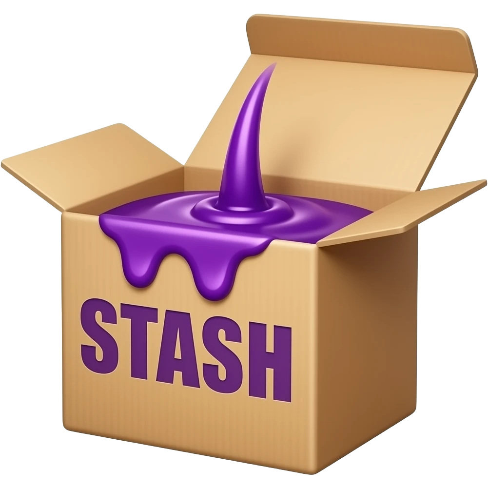 a box with purple syrup flowing out of it and a large inscription on the box saying "STASH" emoji