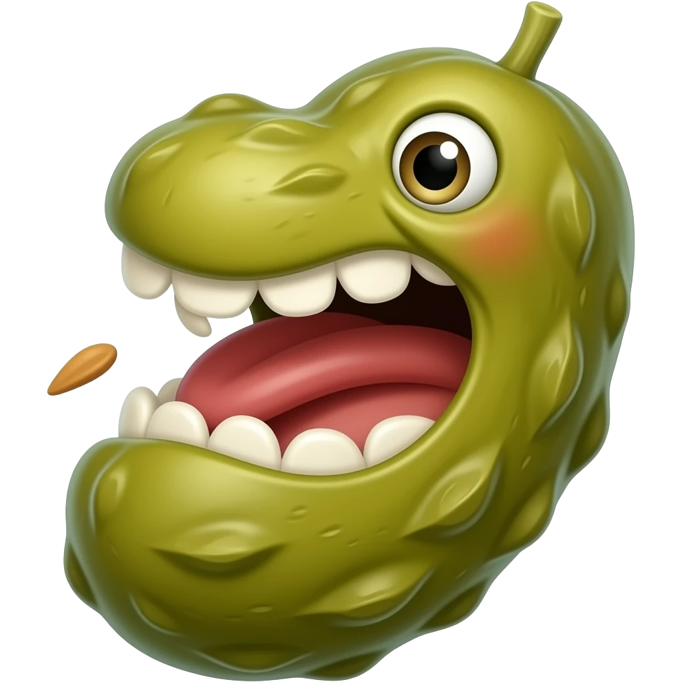 A brown misshapen pickle yelling "What the hell are chicken fried chicken for?" emoji