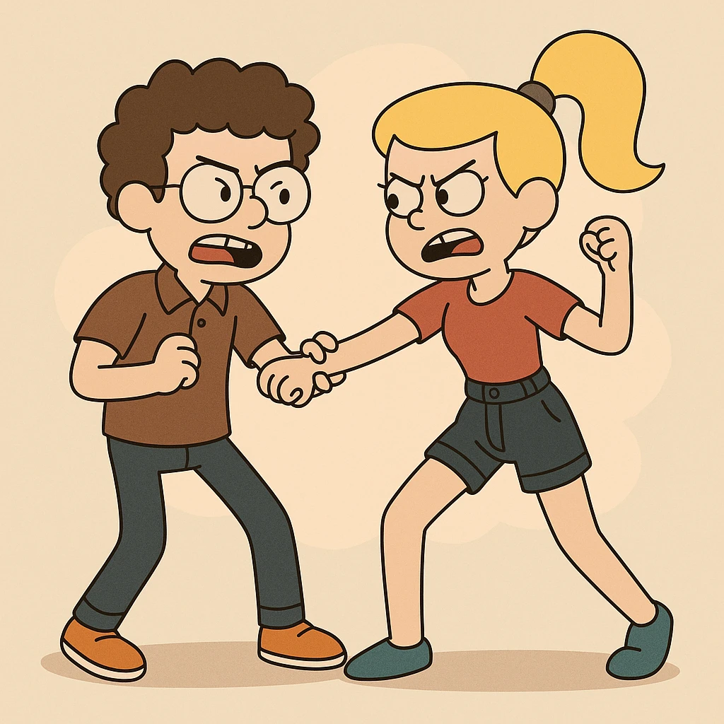 Fighting a boy brown Curly hair circle glasses Royal Pro polo brown jeans orange shoes and a girl Yellow ponytail hair red shirt high waisted dark blue denim shorts blue shoes emoji
