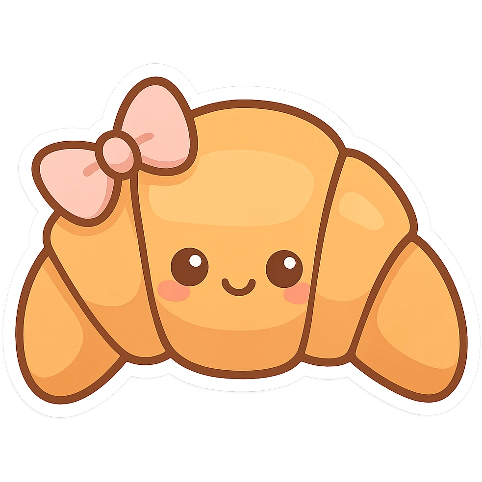 chibi sticker-style croissant with a bow, cute and exaggerated emoji