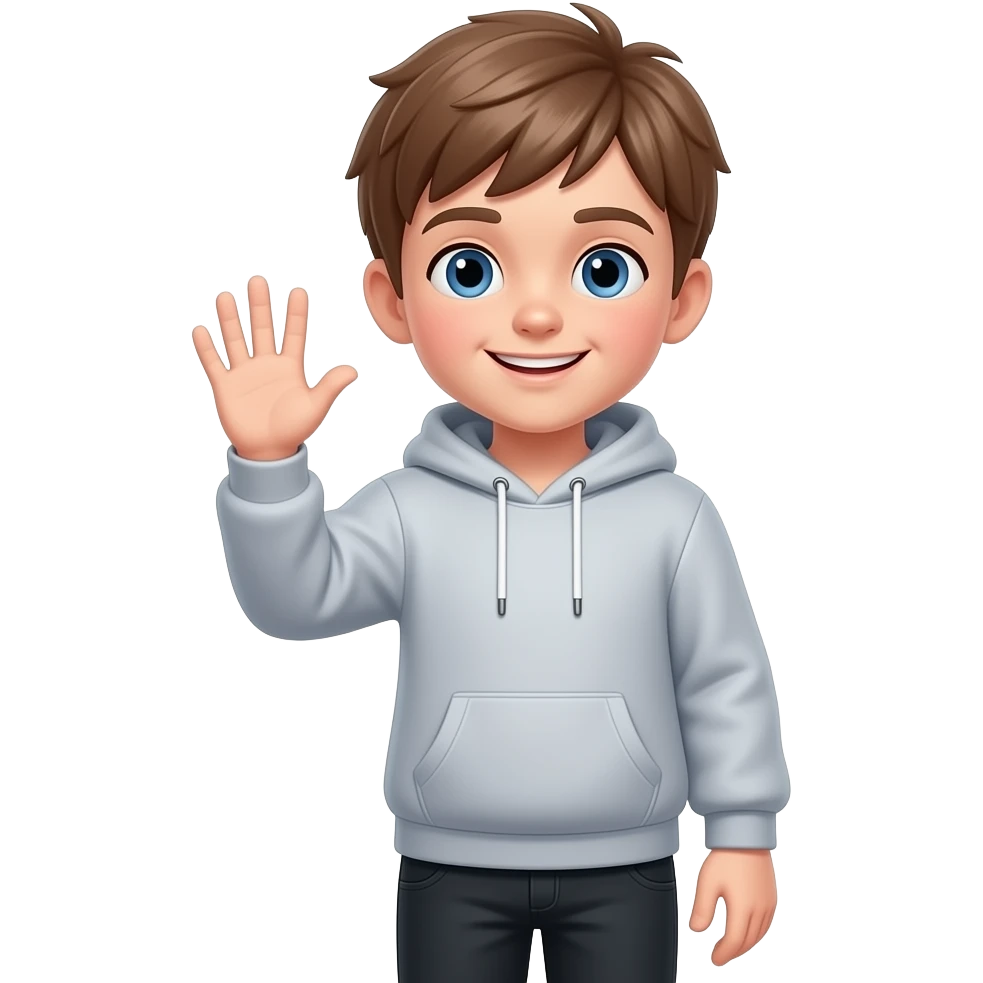 12 year old boy with short light brown hair and blue eyes wearing a hoodie and black pants waving hello emoji