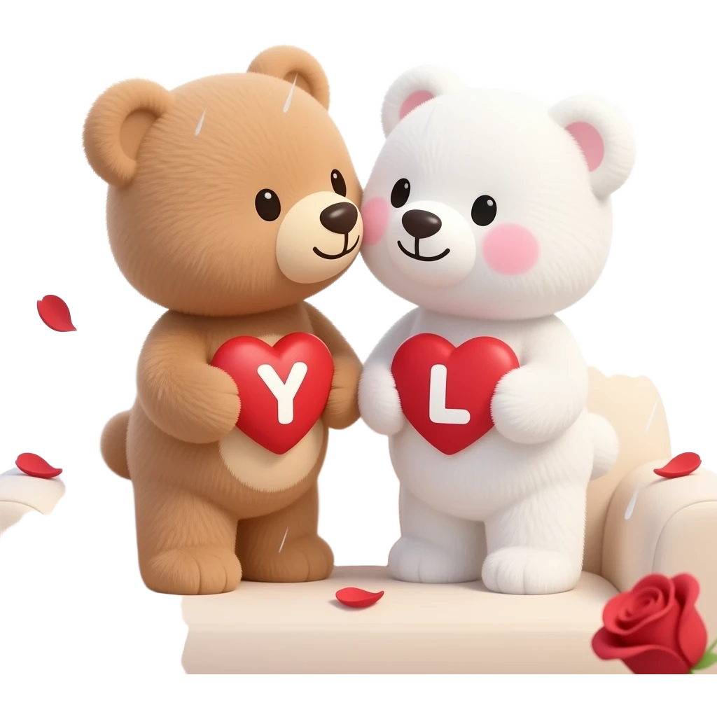 I want one light brown bear teddy kissing on cheek white bear teddy both holding heart , both a little furry, the  white bear blushes and smiles , add letter Y to the heart of the brown bear and letter L to the heart of the white bear , raining red rose petals emoji