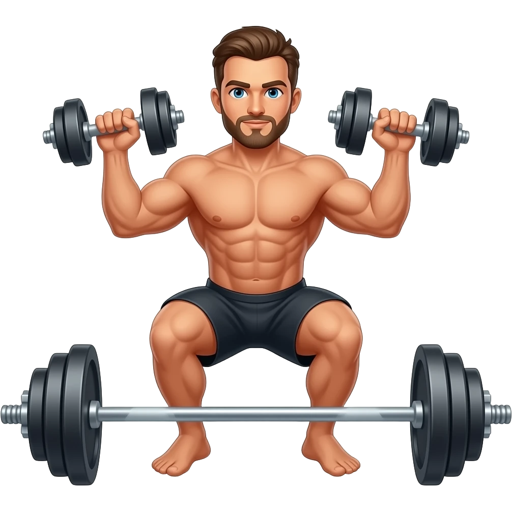 a shirtless buff man doing a romanian deadlift with dumbbells and not barbells emoji