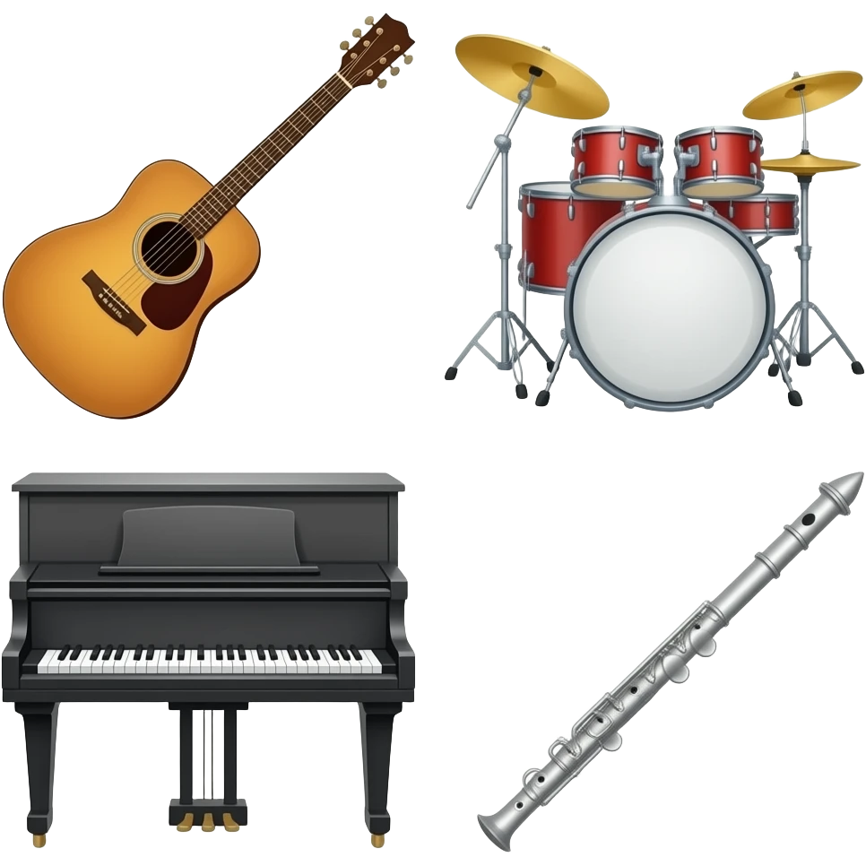 instruments like a guitar, drum, piano and flute emoji