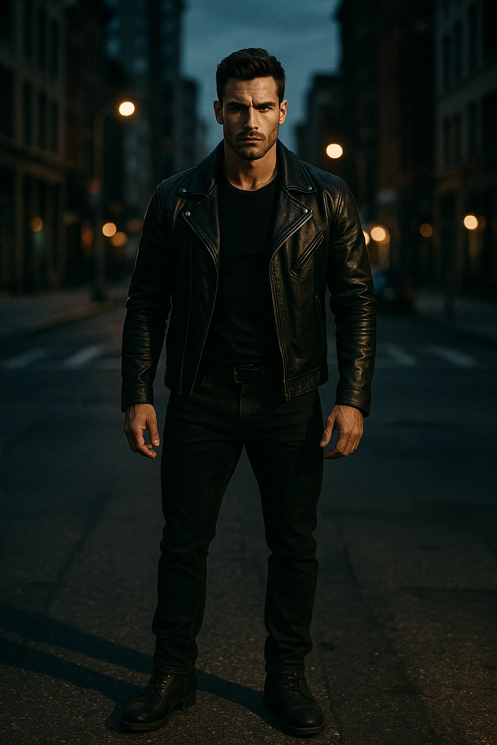 A confident, strong man standing in the middle of a city street at dusk, wearing a black leather jacket and boots, sharp jawline, intense gaze. Radiating masculine energy. Cinematic lighting, moody urban background, dramatic shadows, shallow depth of field. 35mm film style emoji