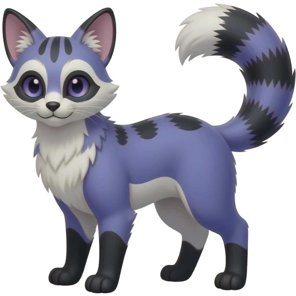 randomly marked smooth silky Asian fine furry neat beautiful realistic indigo and violet-purple and black and white Civet-Mankeulv-Genet-Vernid-Fakémon-hybrid emoji