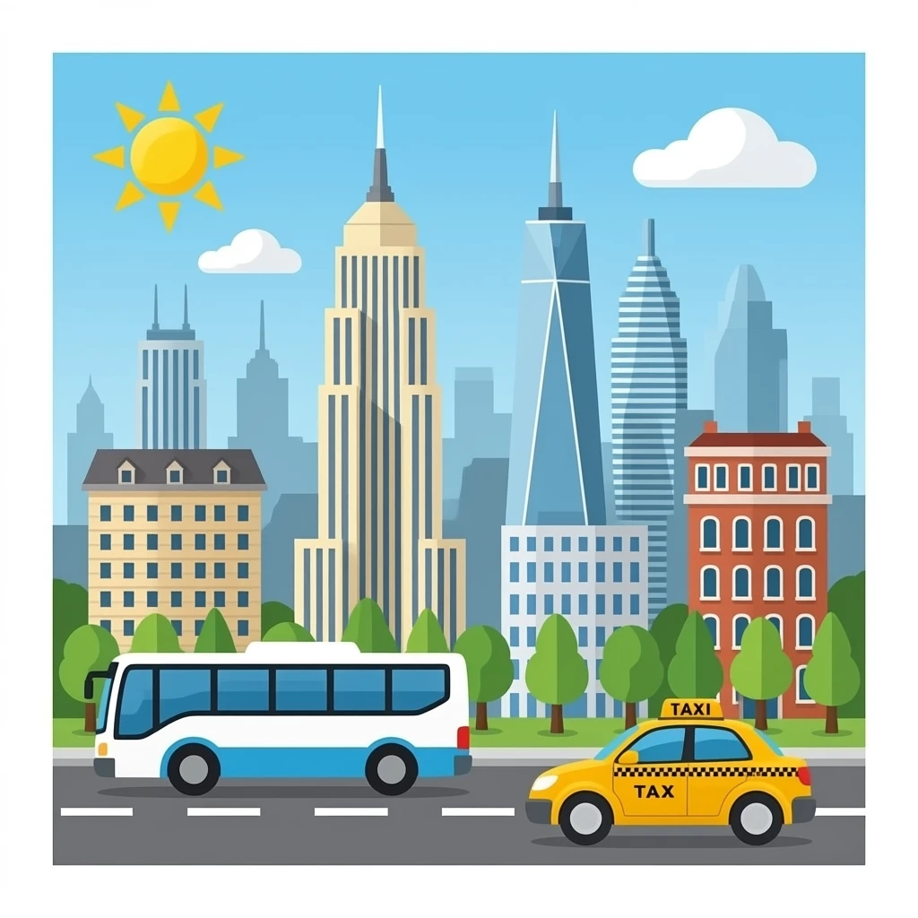 Buildings, skyscrapers, bus, taxi, and car emoji