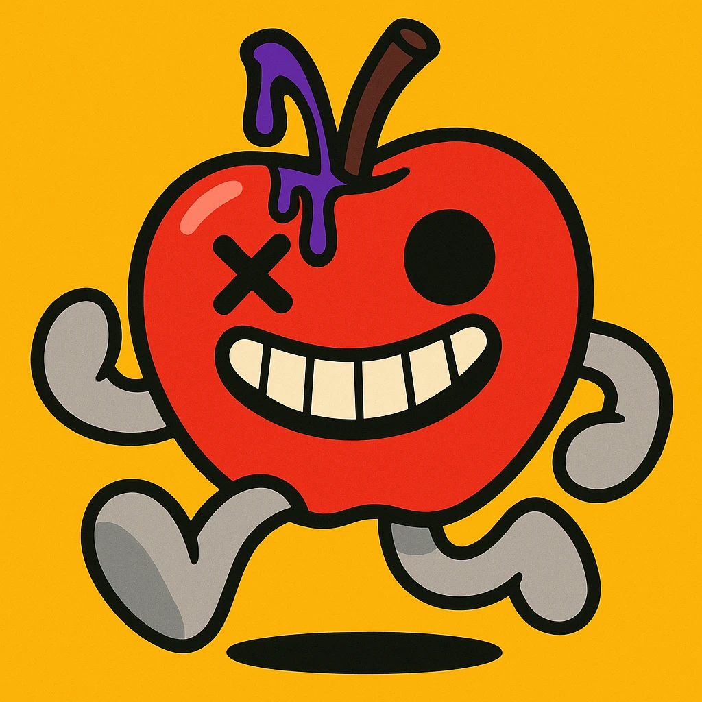 Appleton the Apple plush apple toon, vibrant toon style, light grey limbs, left eye is an X, ichor coming from the stem without leaf, big wide grin emoji