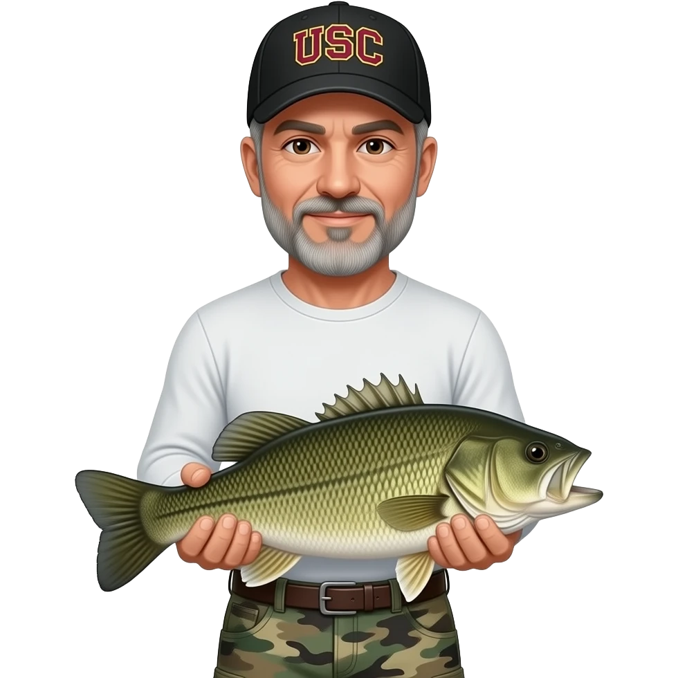an adult man with a gray beard with a white long sleeve T-shirt, and camouflage carpenter shorts and black baseball hat with USC in burgundy holding a bass fish emoji