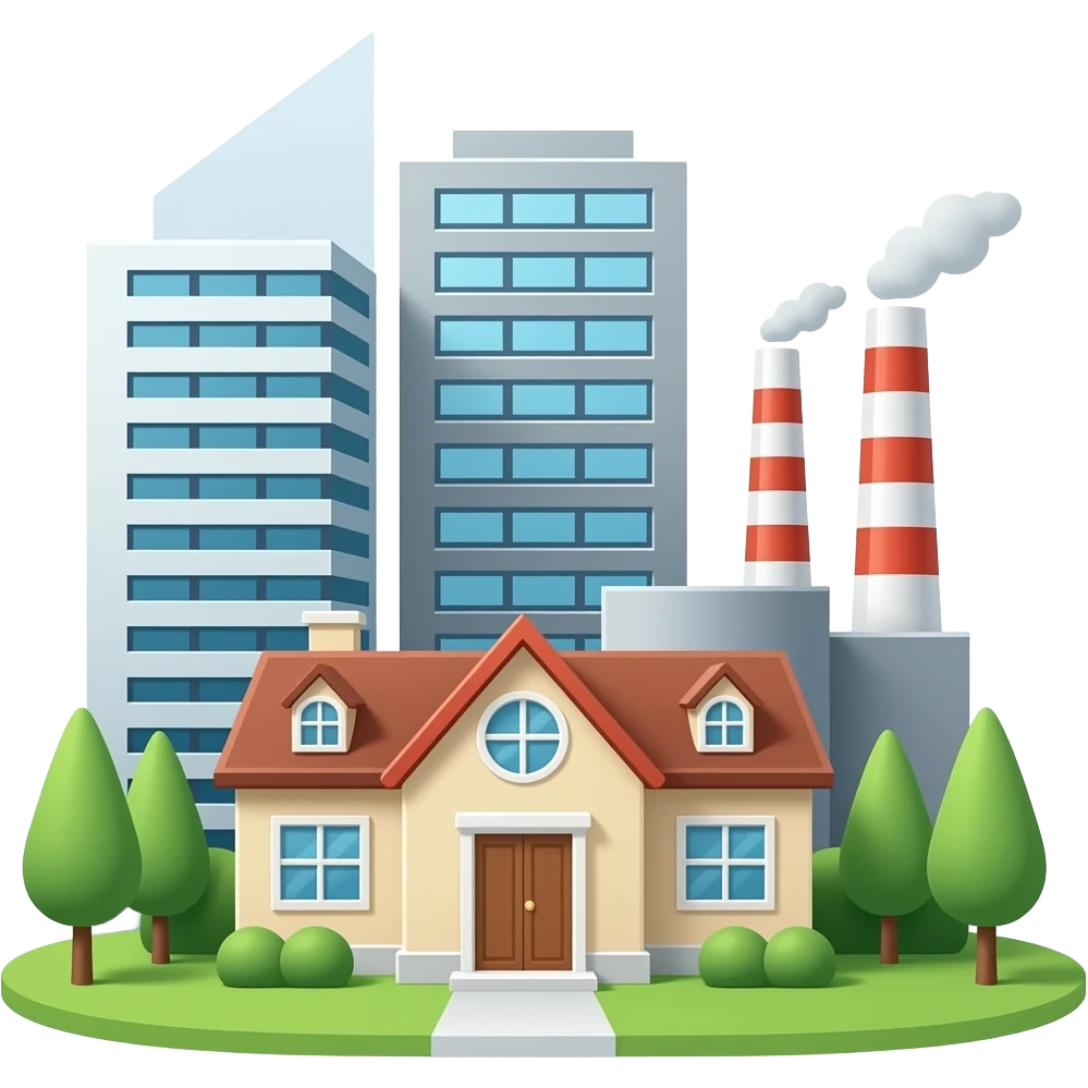 a house and tall office buildings and a factory, with no background emoji
