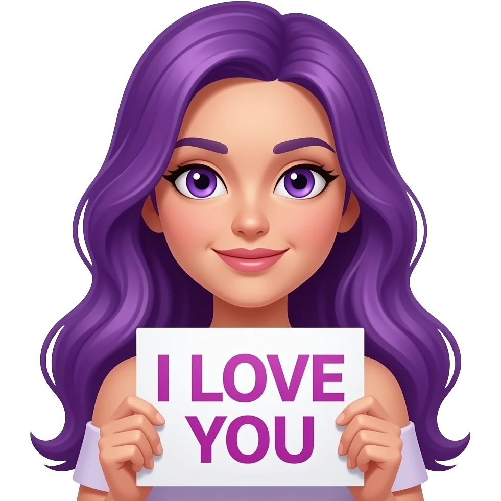 sexy girl with long purple hair and purple eyes holding I LOVE YOU sign emoji