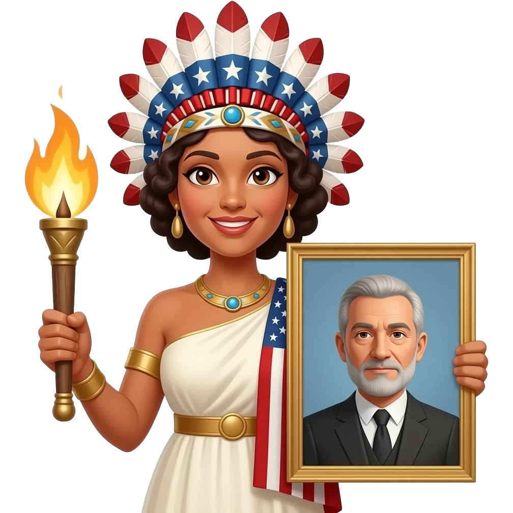 Columbia Pictures Torch Lady with dark brown curly low bun hair, American headdress, ivory peplos, one holding torch, one holding American drape emoji