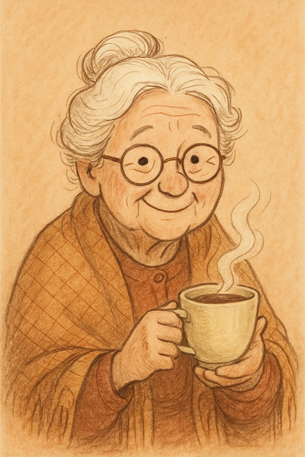 a very old lady grandma wearing glasses holding a cup of tea shawl over shoulders friendly illustration style emoji