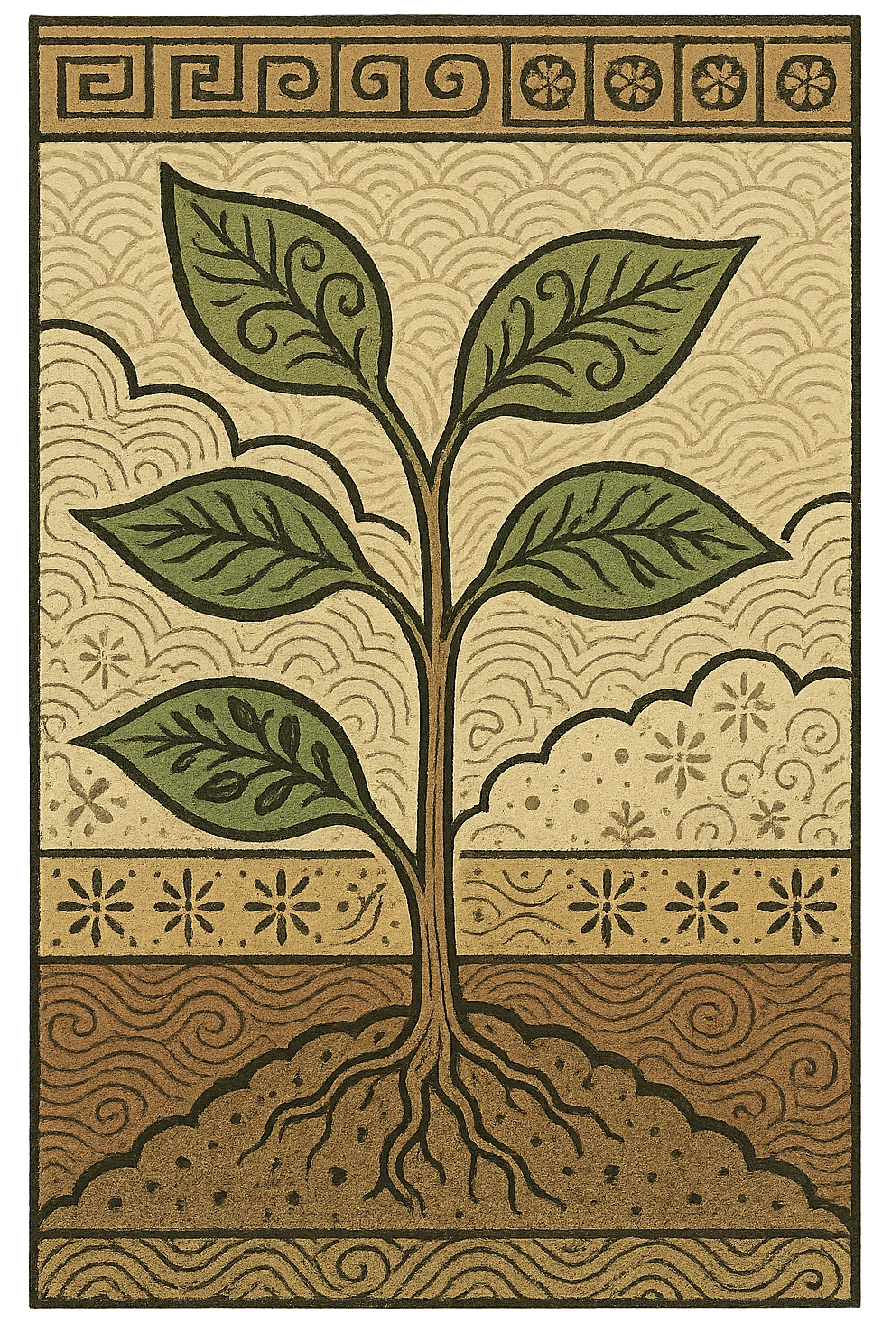 a sapling growing from the ground, Scandinavian folk art style, intricate patterns, traditional Nordic motifs emoji
