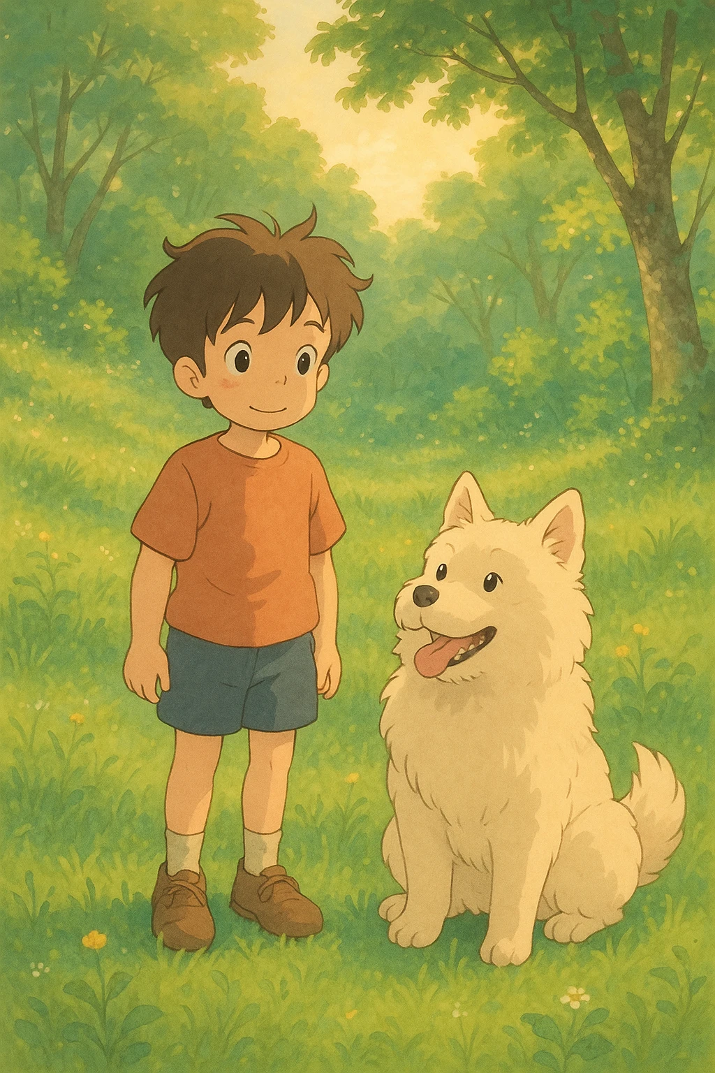 kid and his pet dog in studio ghibili style emoji